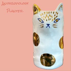 Anthropologie BIRDCANFOX Cat Kitten Planter Vase White & Gold Stoneware 6 1/8”